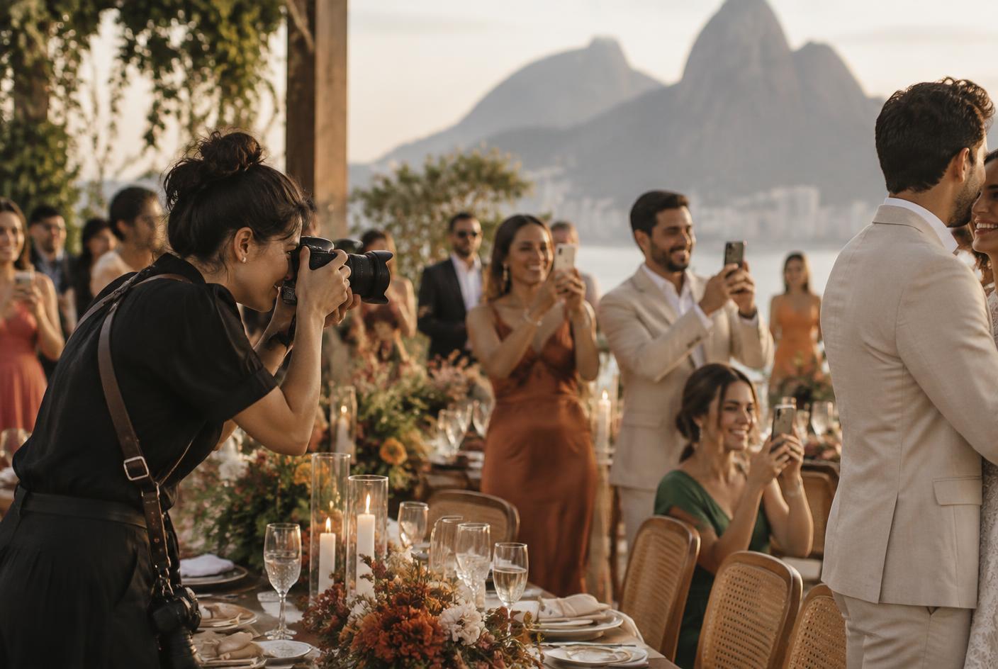 Fotógrafa profissional e convidados registrando juntos uma celebração